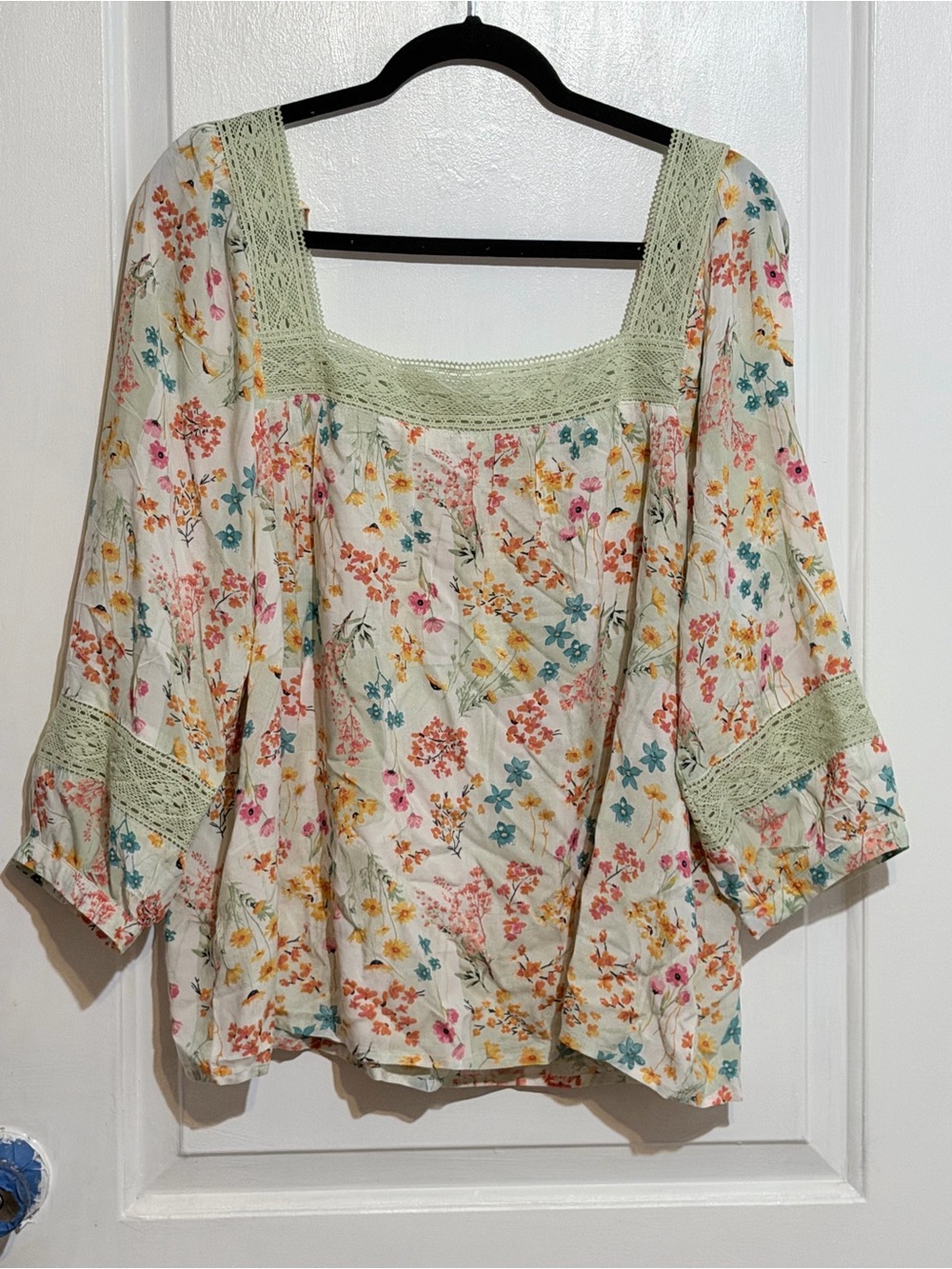 Cato Cream Floral Peasant Blouse with Sage Crochet Trim - Picture 2 of 9